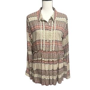 Mystree Tiered Tunic Blouse Sz Large Brown Cream Boho